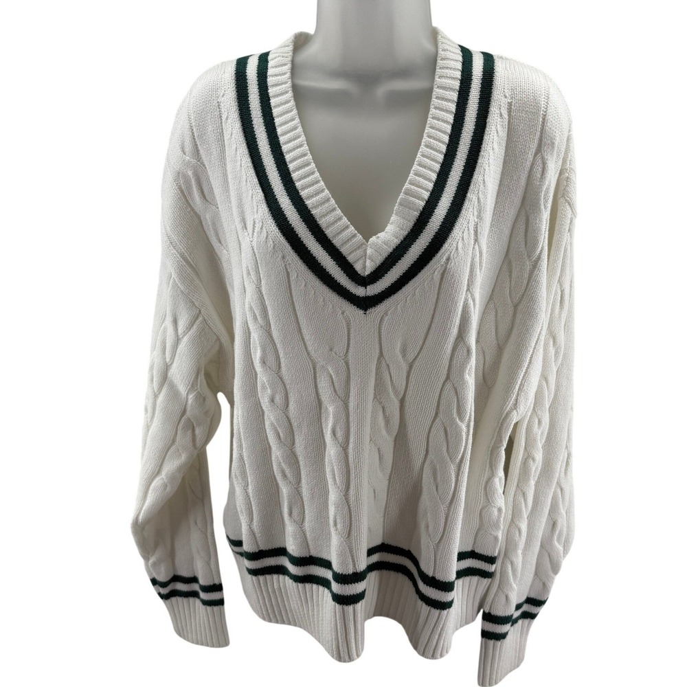 Walter Hagen Clubhouse Sweater White Green Cable Knit Golf Womens 2XL NEW
